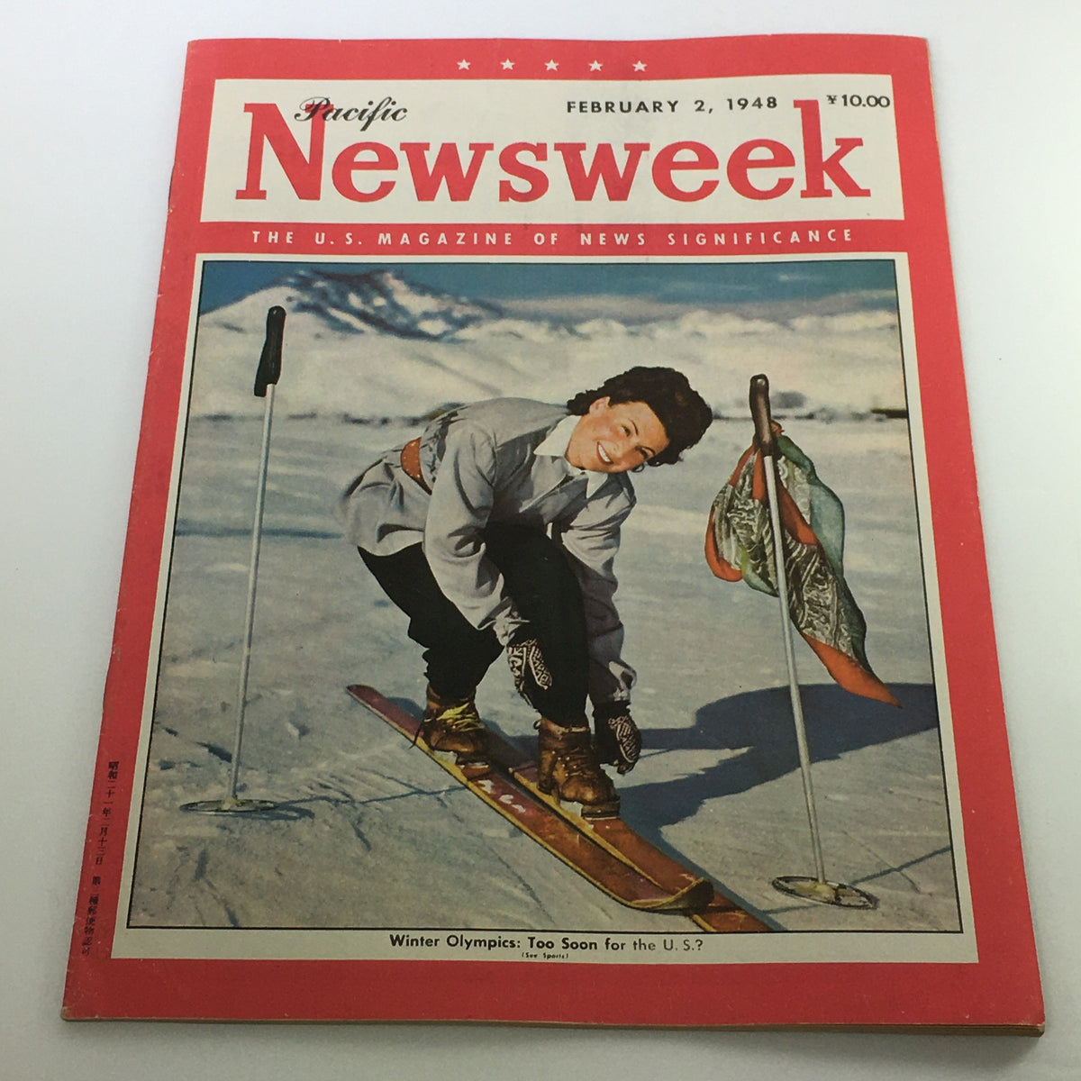 Cover image of VTG Newsweek Magazine February 2, 1948 featuring a skier at the Winter Olympics in St. Moritz, Switzerland, highlighting the excitement of the event.