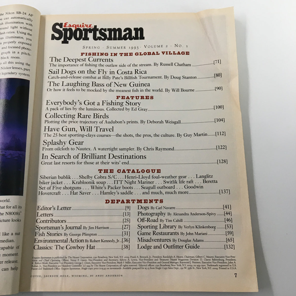Interior page of Esquire Sportsman Magazine Spring 1993 showcasing the table of contents with features on fishing topics and articles, emphasizing vintage fishing culture.