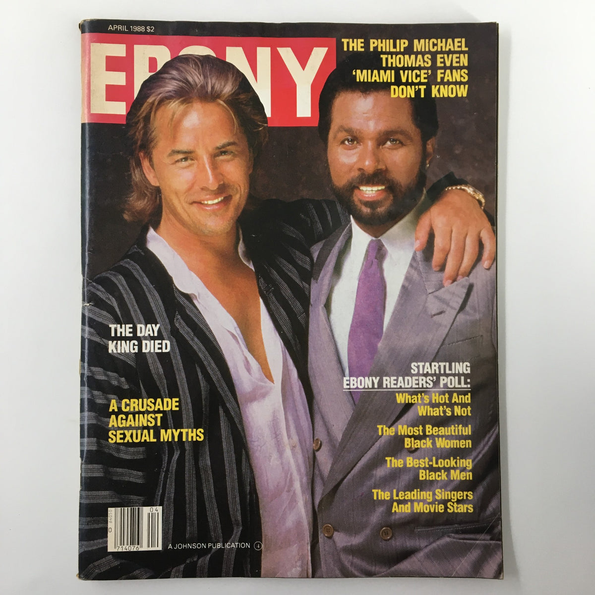 VTG Ebony Magazine April 1988 featuring Philip Michael Thomas and Don Johnson on the cover, highlighting topics like Miami Vice, celebrity interviews, and cultural discussions.