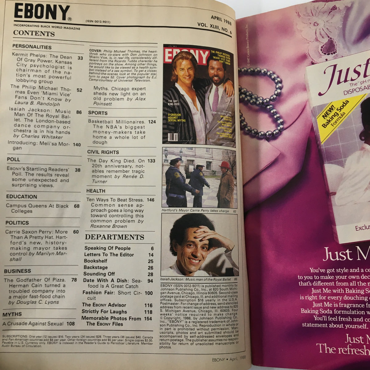 Inside page of VTG Ebony Magazine April 1988 showcasing the table of contents, including features on Philip Michael Thomas, Don Johnson, and various cultural and social topics.