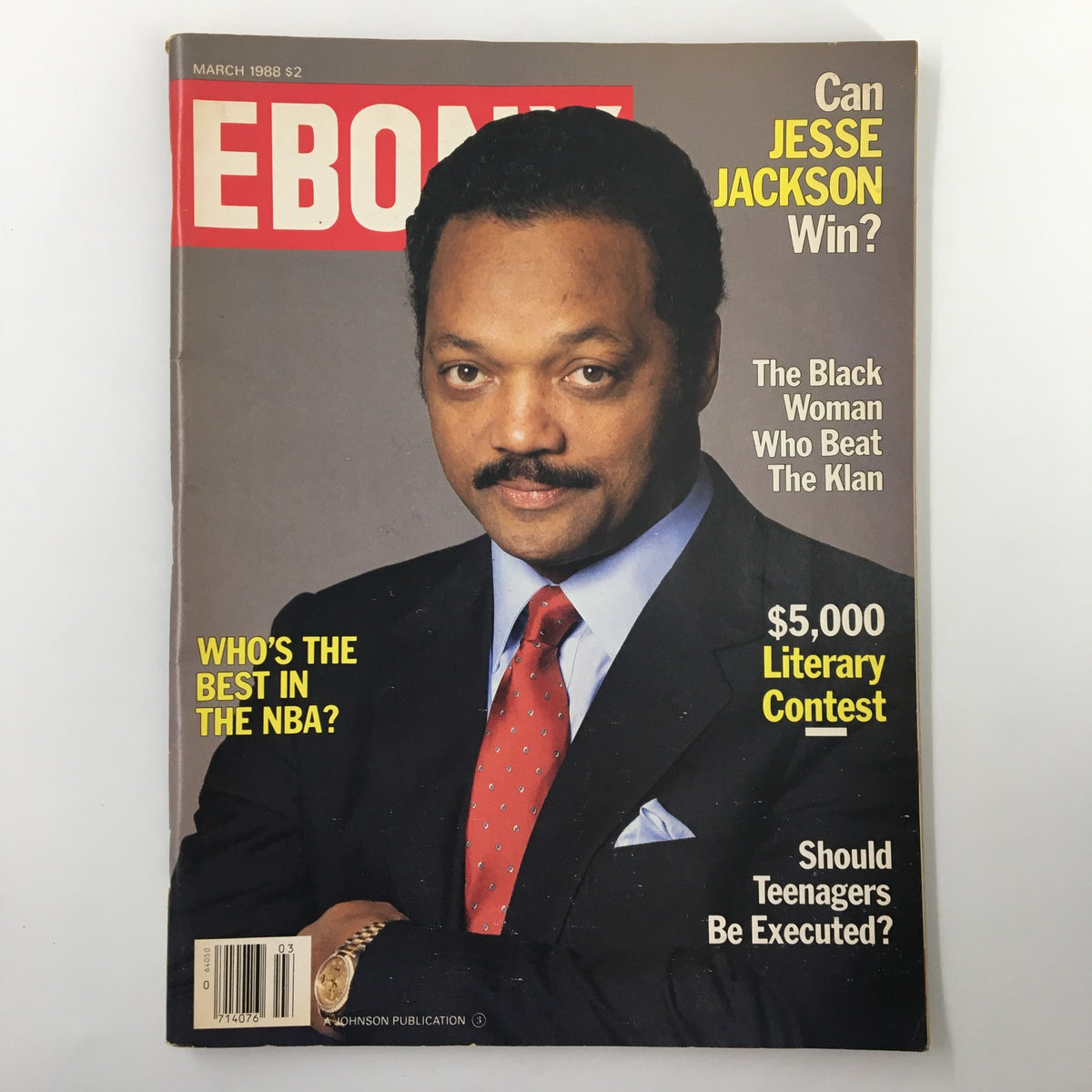 Cover of VTG Ebony Magazine March 1988 featuring Jesse Jackson, with headlines about Jesse Jackson's potential win, a $5,000 literary contest, and discussions on NBA players.