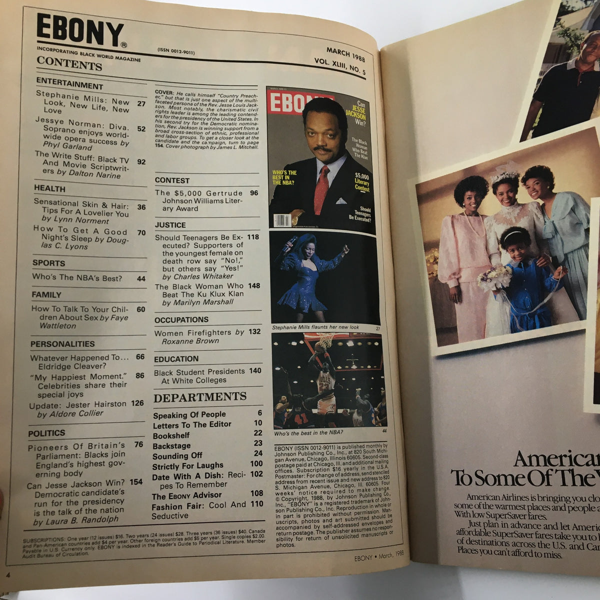 Inside page of VTG Ebony Magazine March 1988, showing the contents with features on Jesse Jackson, entertainment, health, and social issues.
