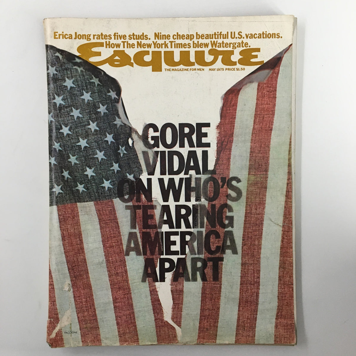 Cover of VTG Esquire Magazine May 1975 featuring Gore Vidal's article 'On Who's Tearing America Apart', highlighted with an American flag background.
