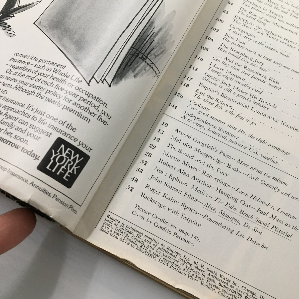 Interior page of VTG Esquire Magazine May 1975 featuring an advertisement for New York Life insurance alongside a table of contents listing various articles, including Gore Vidal's 'On Who's Tearing America Apart'.
