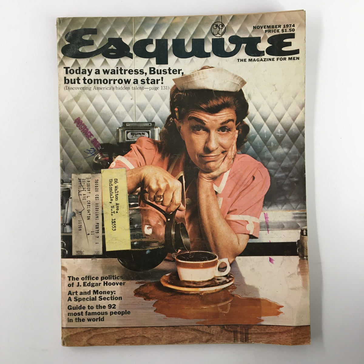 Cover of VTG Esquire Magazine November 1974 featuring the headline 'Today a waitress, Buster, but tomorrow a star!' showcasing a waitress pouring coffee.