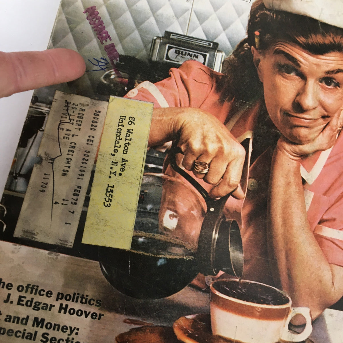 Detailed view of the cover of VTG Esquire Magazine November 1974, showing a waitress pouring coffee and the magazine's title and headline 'Today a waitress, Buster, but tomorrow a star!'