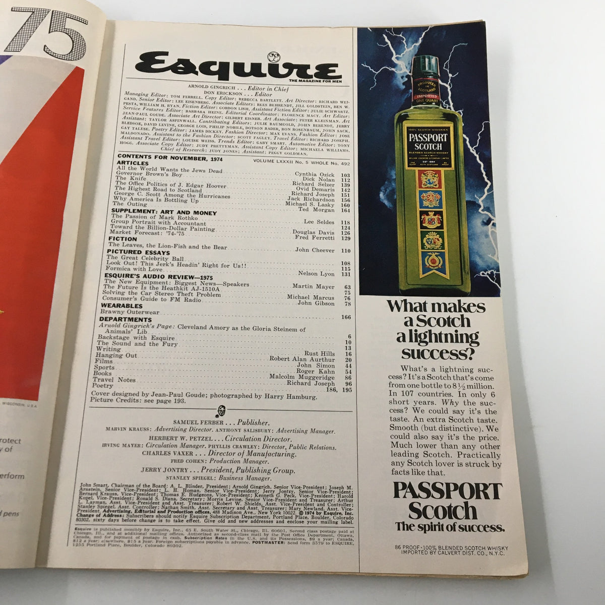 Inside page of VTG Esquire Magazine November 1974 displaying the table of contents and an advertisement for Passport Scotch, illustrating the vintage magazine's layout.