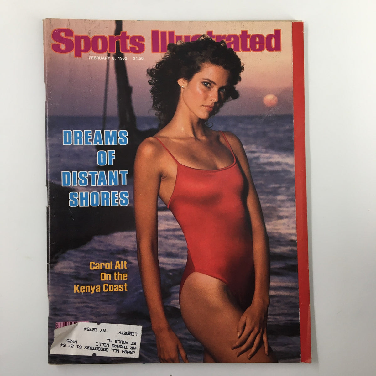 Vintage Sports Illustrated Magazine cover from February 8, 1982, featuring Carol Alt on The Kenya Coast, with the headline 'Dreams of Distant Shores'.
