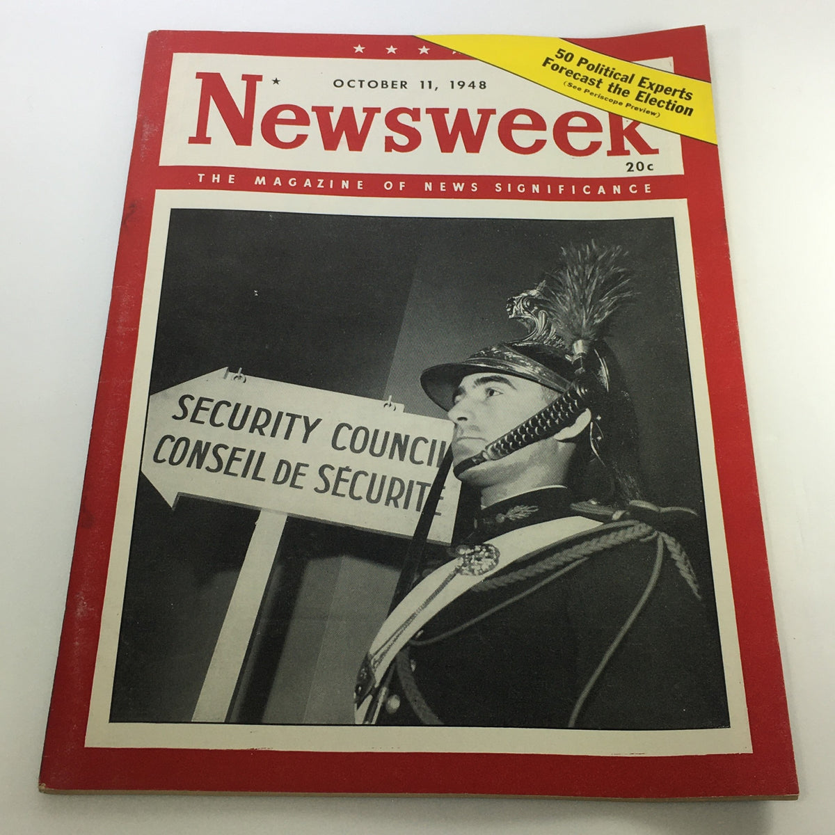 VTG Newsweek Magazine October 11 1948 featuring a soldier beside a 'Security Council' sign, showcasing a piece of historical news publication.