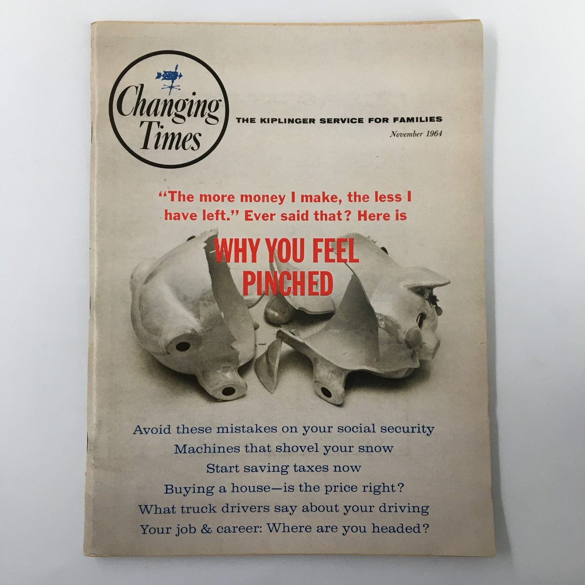 Cover of VTG Changing Times Magazine November 1964, featuring a headline about feeling financially pinched and an article on machines that shovel snow.