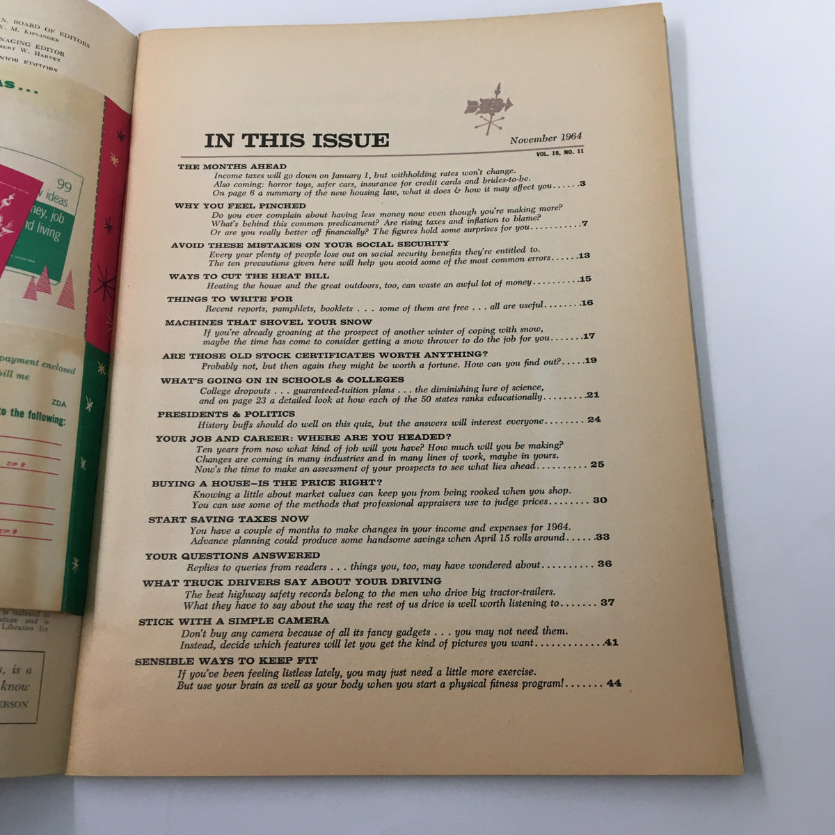 Table of contents page from VTG Changing Times Magazine November 1964, listing articles including machines that shovel snow and social security tips.
