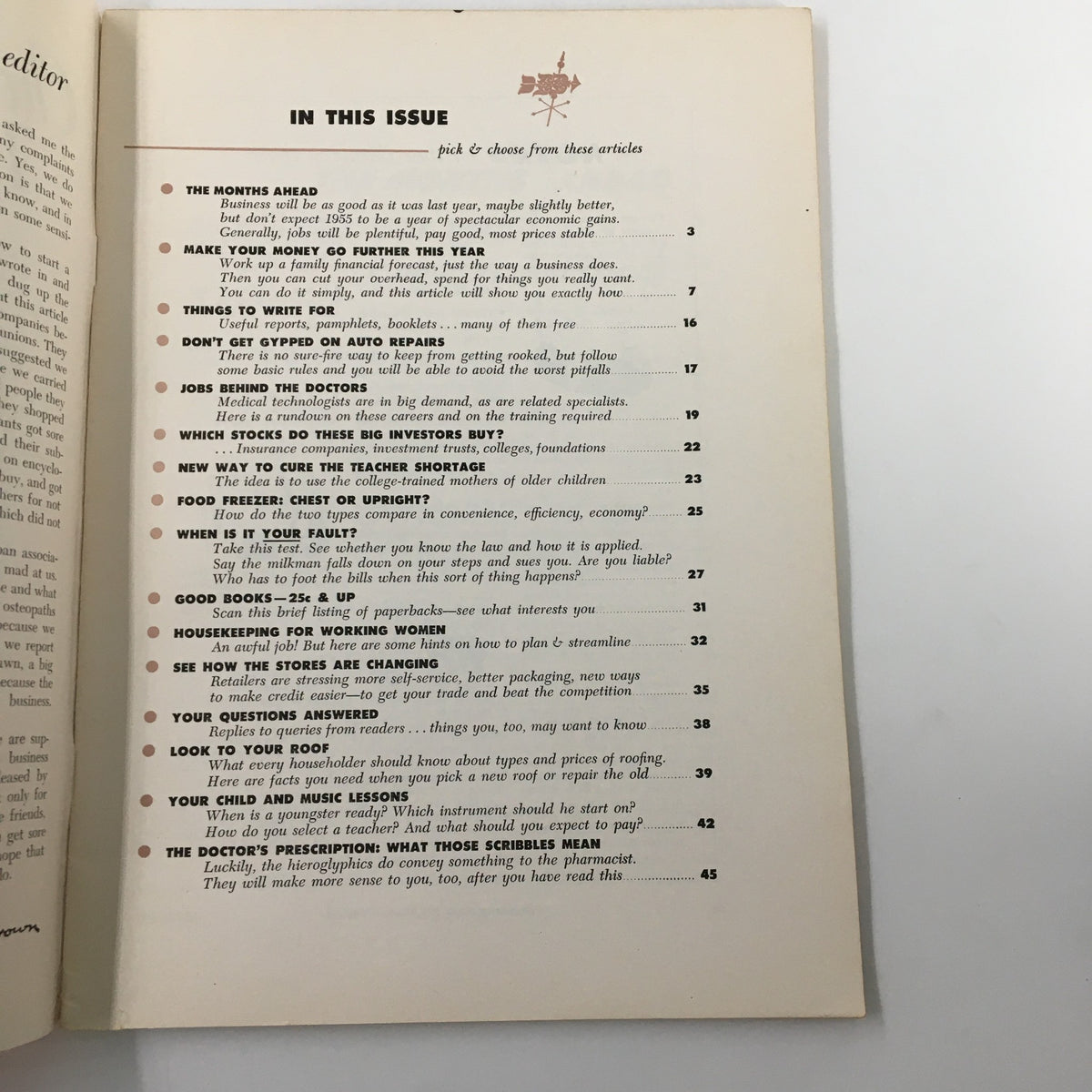Table of contents from VTG Changing Times Magazine January 1955, featuring articles on financial tips and insights to maximize money management.