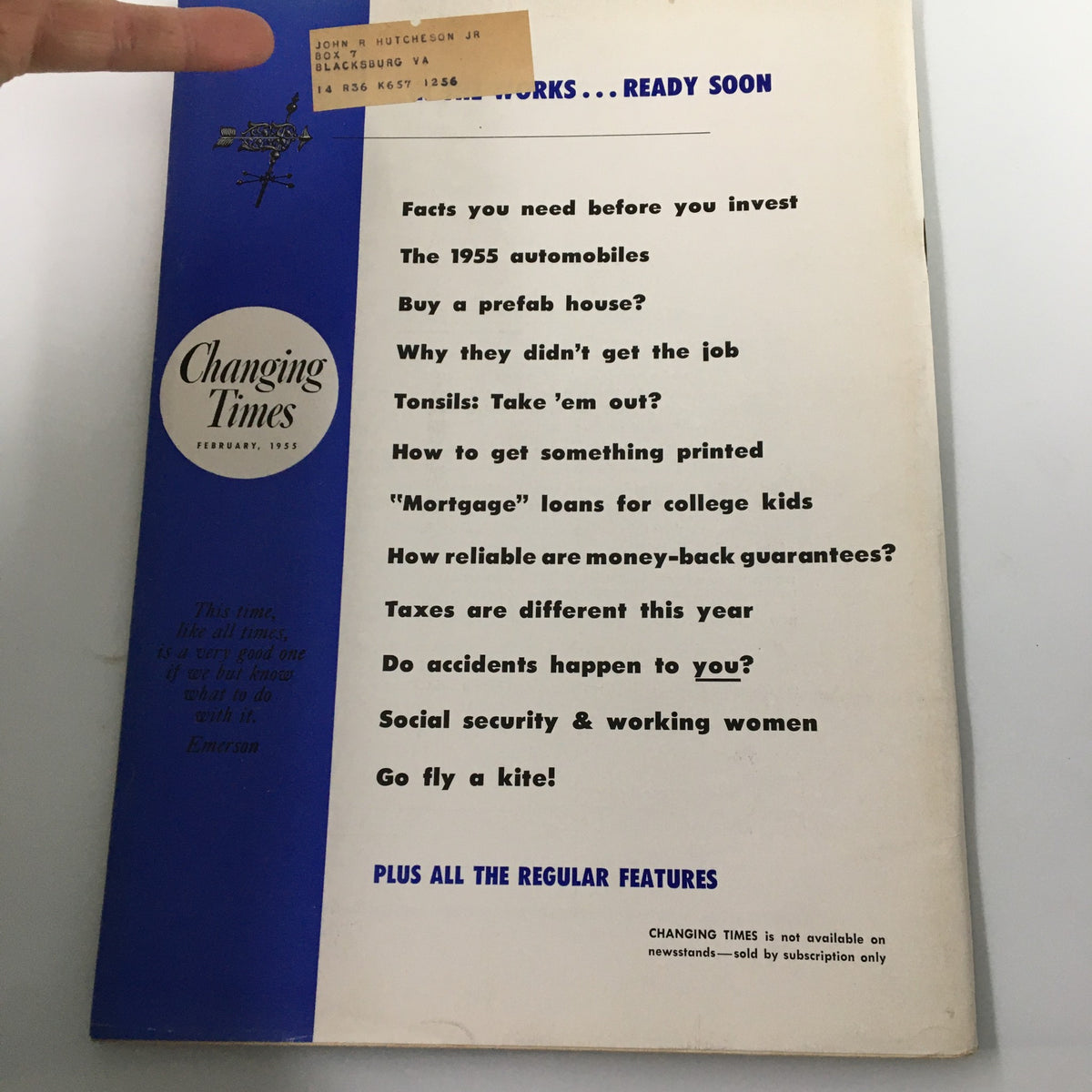 Back cover of VTG Changing Times Magazine February 1955 showcasing various topics of interest including social security and mortgages.