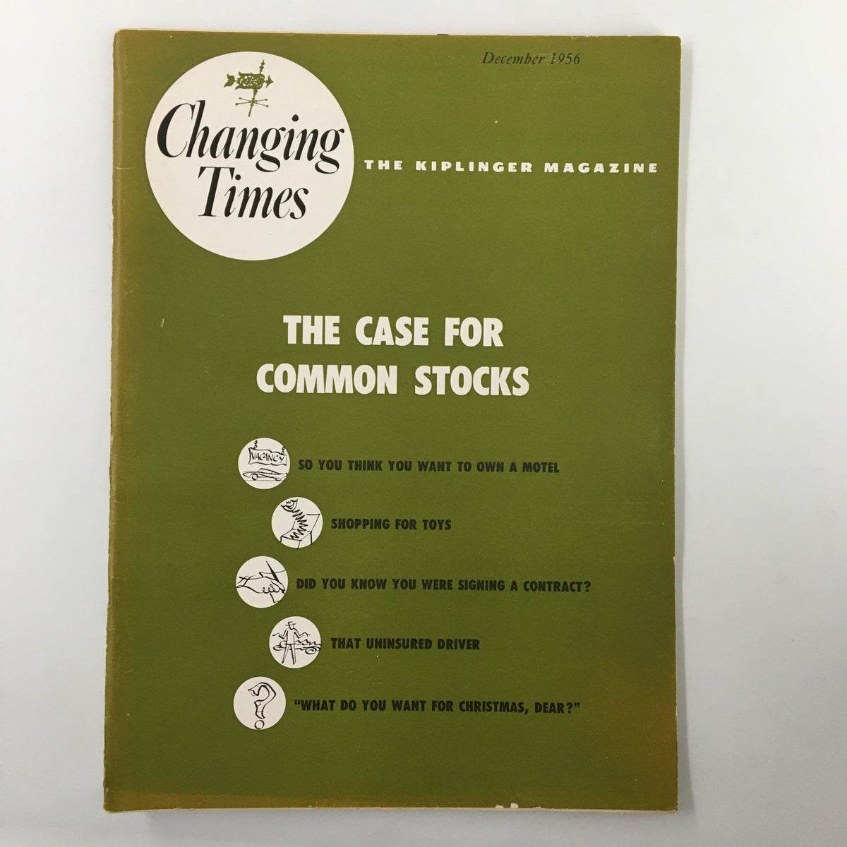 VTG Changing Times Magazine December 1956 cover featuring 'The Case for Common Stocks' with a green design and article highlights.