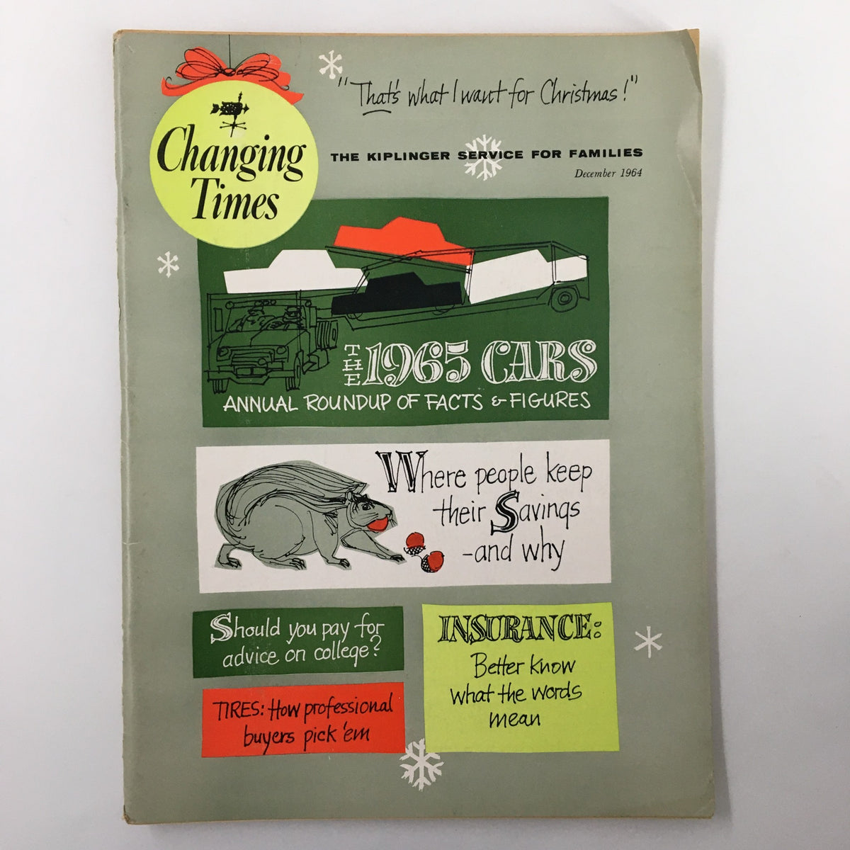 VTG Changing Times Magazine December 1964 cover featuring 'Where People Keep Their Savings & Why' and illustrations of cars and a hedgehog.