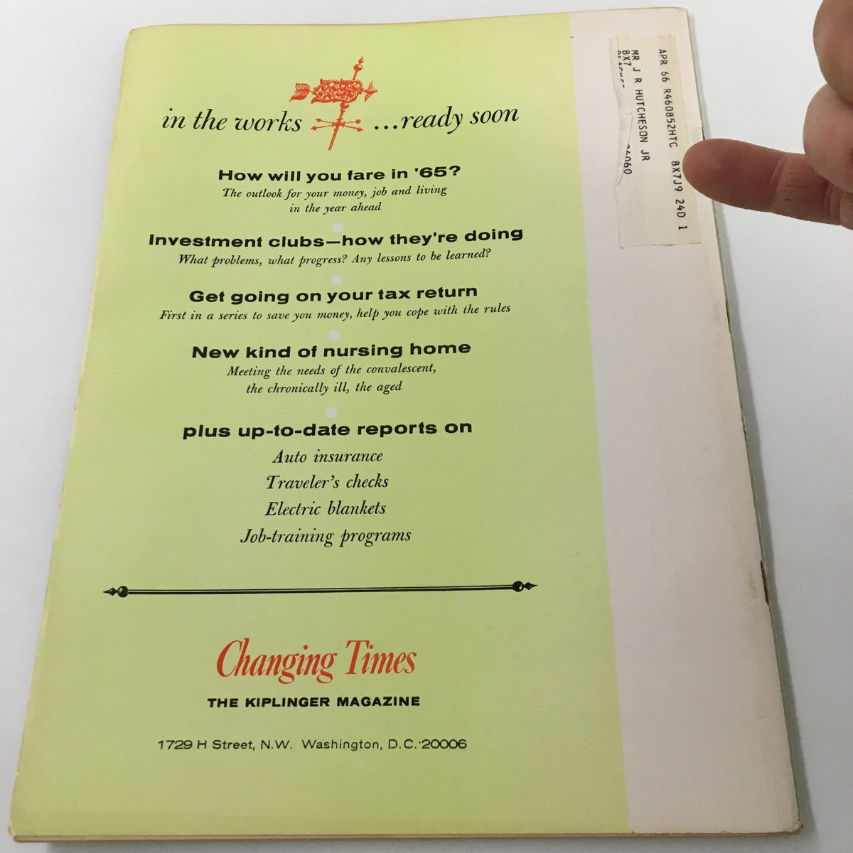 Back cover of VTG Changing Times Magazine December 1964 listing upcoming articles and features, including financial insights and investment tips.