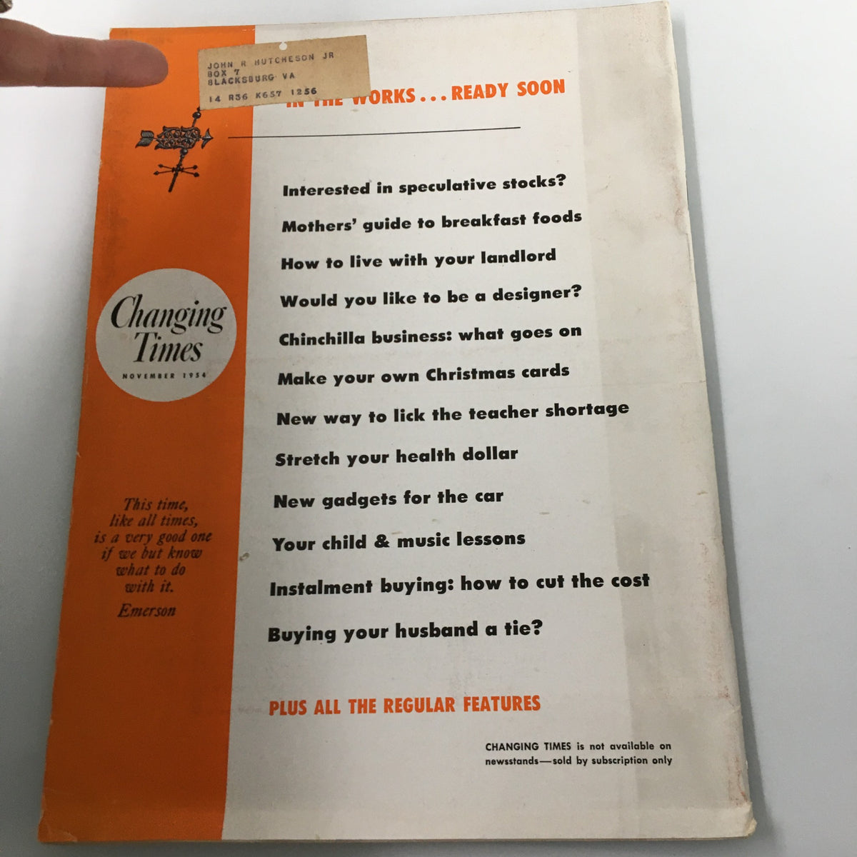 Back cover of VTG Changing Times Magazine November 1954, showcasing subscription details and highlighted articles such as 'Interested in Speculative Stocks?' and 'New Gadgets for the Car'.