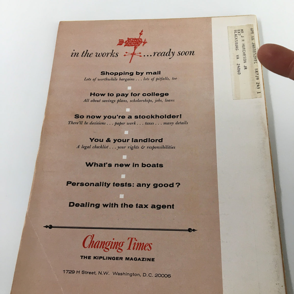 Back cover of VTG Changing Times Magazine March 1964 showing upcoming topics like shopping by mail, paying for college, and dealing with tax agents.