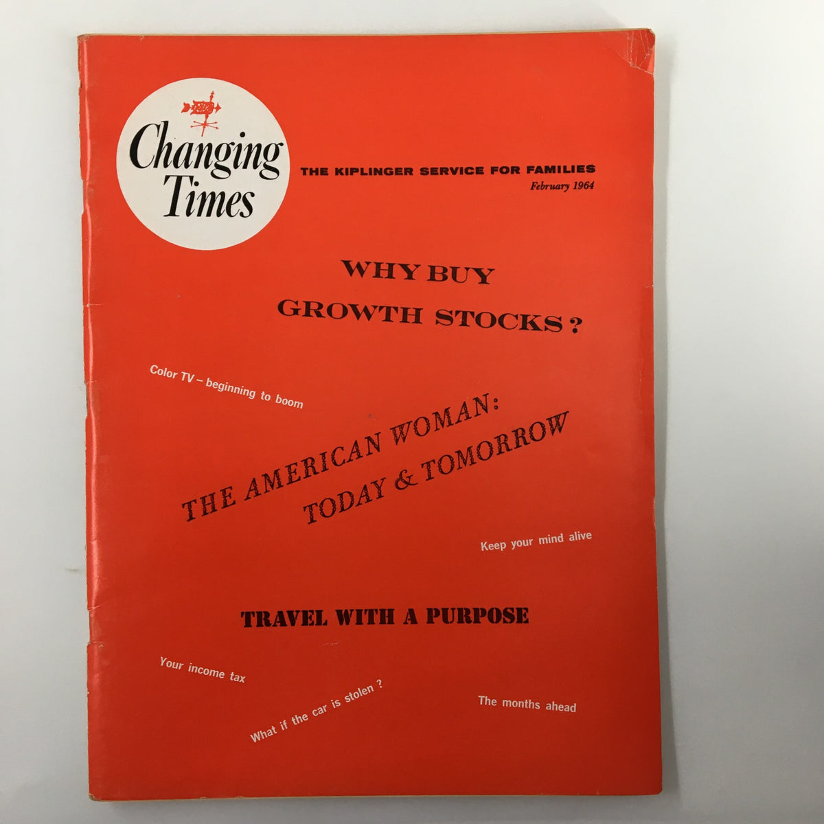 Cover of VTG Changing Times Magazine February 1964 titled 'The American Woman Today and Tomorrow', featuring a striking orange design and various articles highlighted.