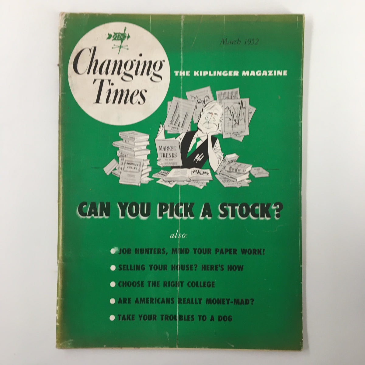 VTG Changing Times Magazine March 1952 cover featuring the title 'Job Hunters Mind Your Paper Work' with illustrations of job seeking and financial themes.