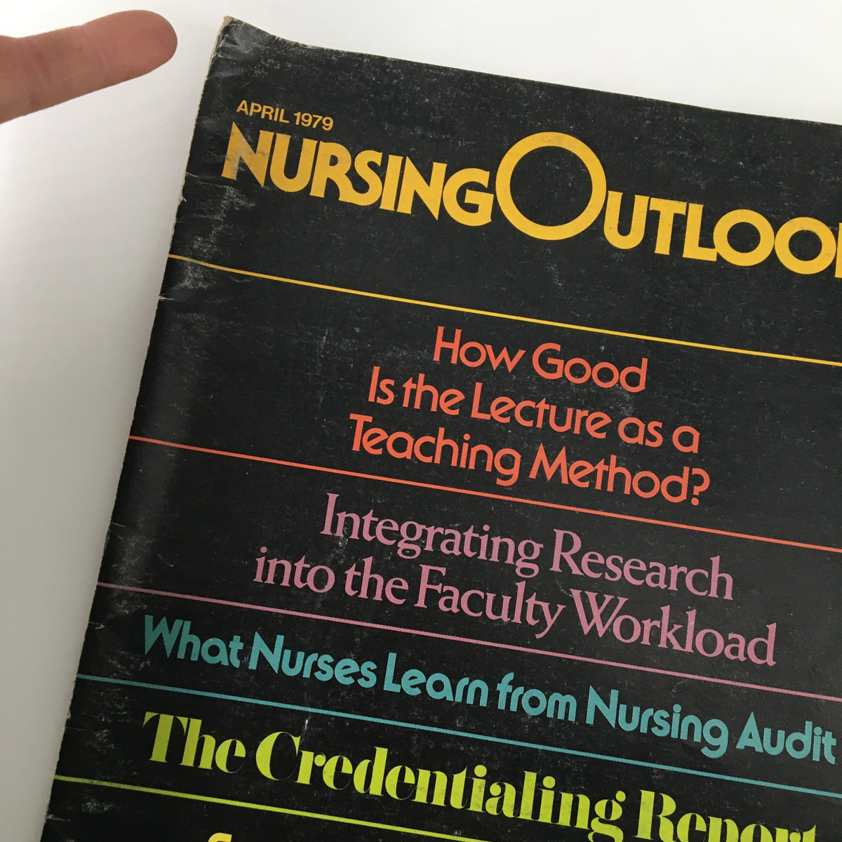 Close-up of Nursing Outlook Magazine April 1979 cover highlighting topics including teaching methods and nursing audit.