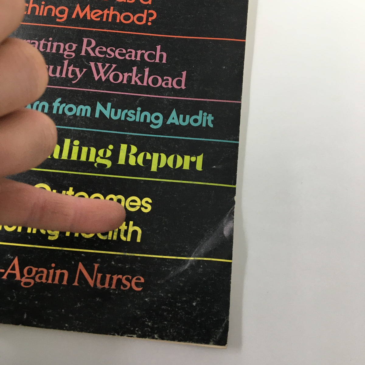 Detail shot of Nursing Outlook Magazine April 1979 cover emphasizing the article on evaluating outcomes in community health.