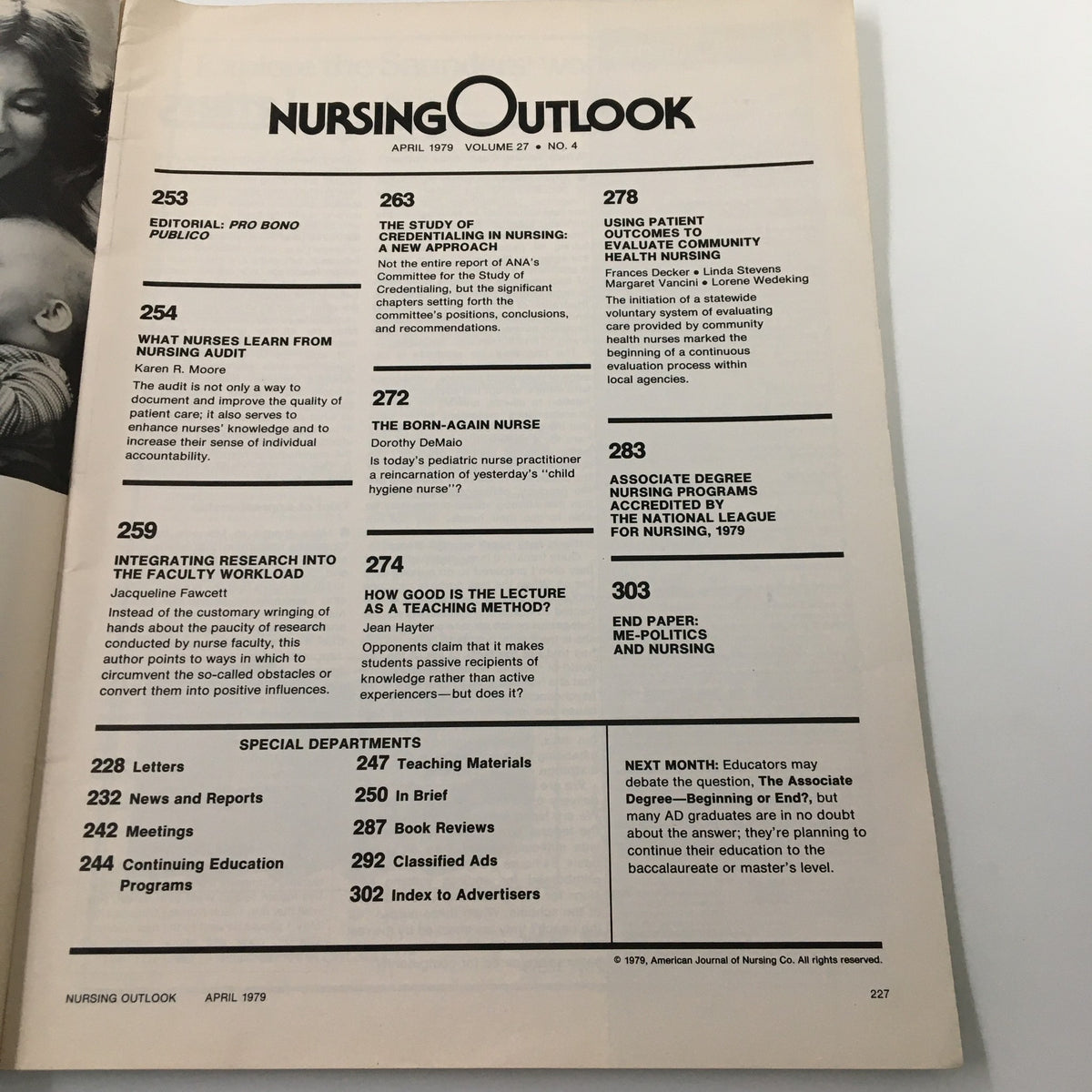 Interior page of Nursing Outlook Magazine April 1979 showing table of contents with key articles listed.