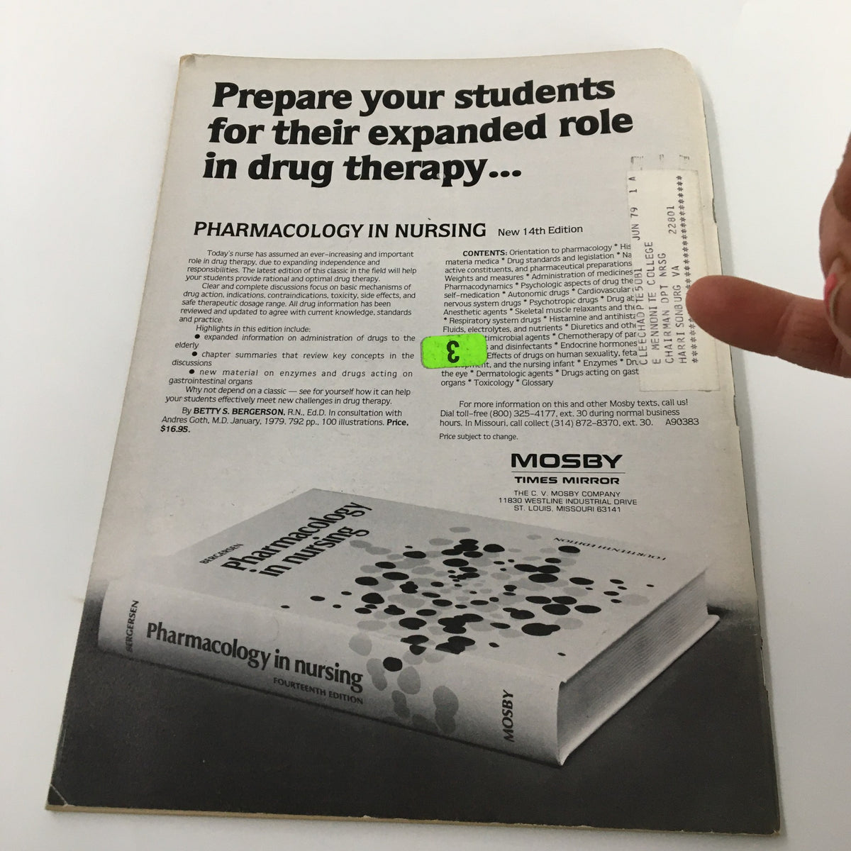 Back cover of Nursing Outlook Magazine April 1979 showcasing an advertisement for a pharmacology textbook.