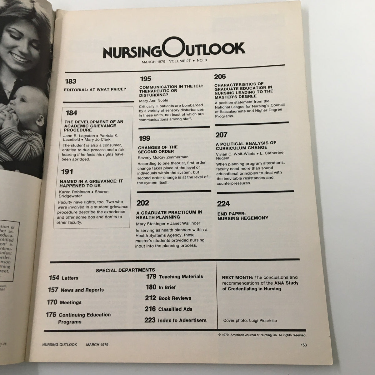Inside spread of VTG Nursing Outlook Magazine March 1979 displaying the contents page, including sections on academic grievance procedures and a graduate practicum in health planning, reflecting the evolving role of nursing and healthcare.