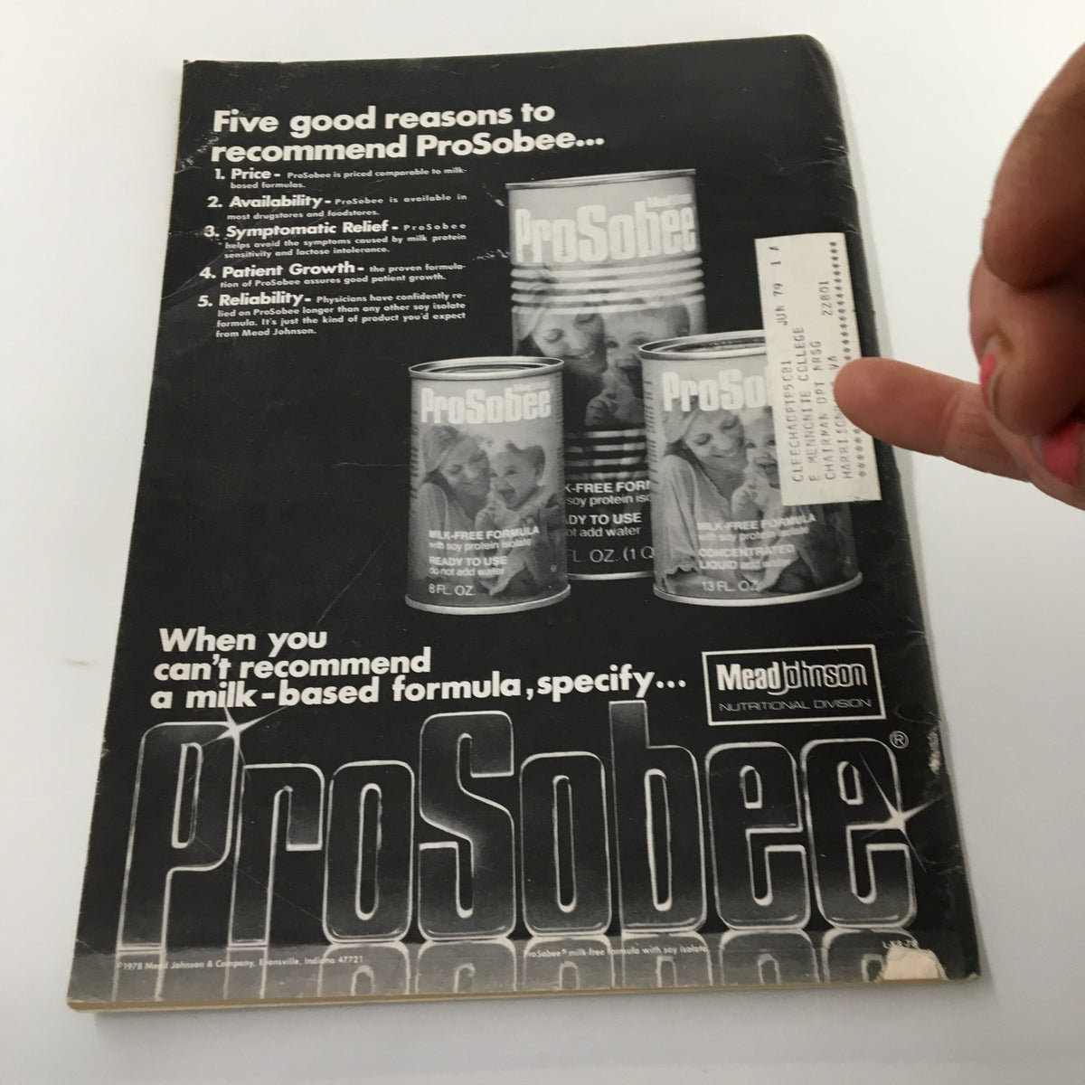 Back cover of VTG Nursing Outlook Magazine March 1979 featuring an advertisement for ProSobee milk-free formula, illustrating nutritional options available during the 1970s for babies, highlighting historical healthcare marketing.