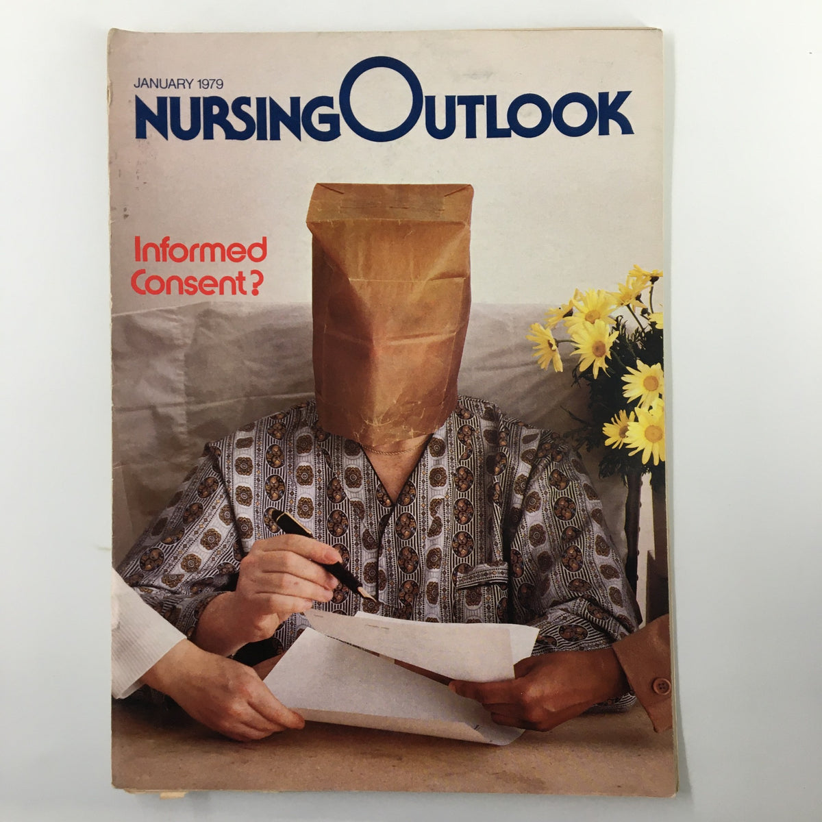 Cover of Nursing Outlook Magazine, January 1979, featuring the title and an illustration of a person with a paper bag on their head inquiring about informed consent.