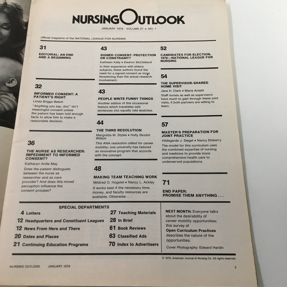 Inside page of Nursing Outlook Magazine, January 1979, displaying the table of contents and editorial features related to nursing topics.
