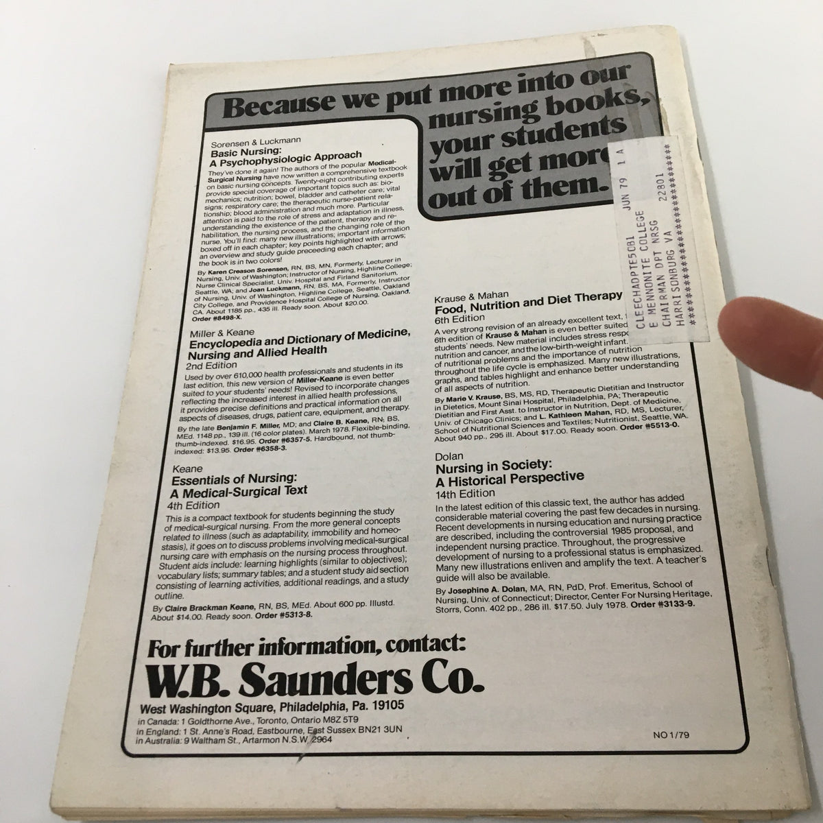 Back cover of Nursing Outlook Magazine, January 1979, showcasing advertisements and additional information related to nursing publications.