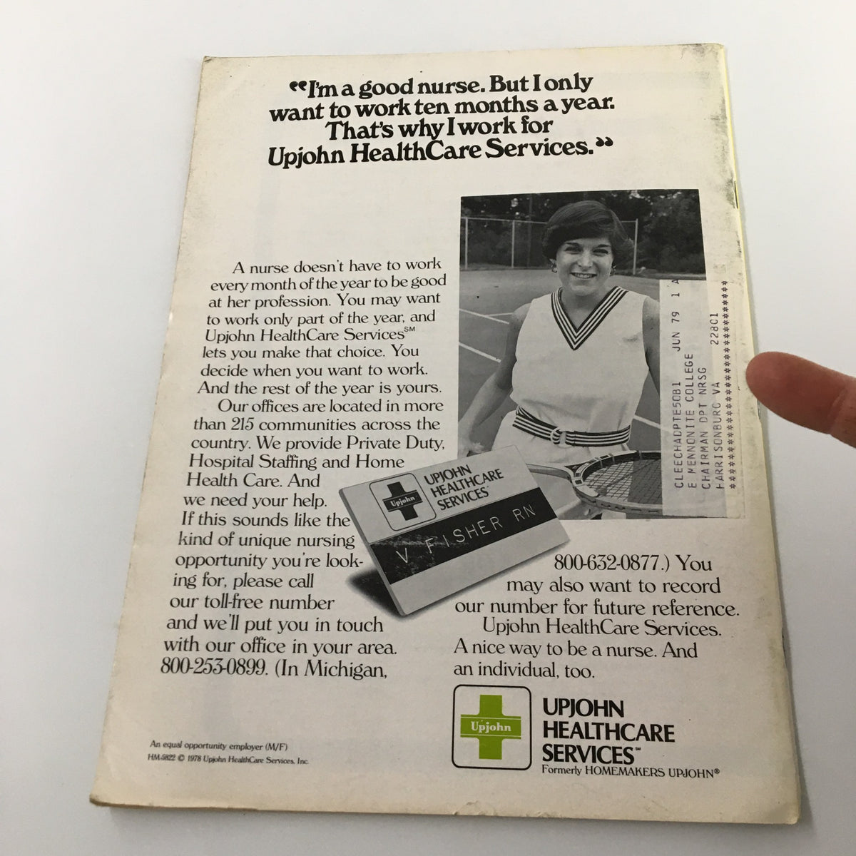 Back cover of VTG Nursing Outlook Magazine September 1978 featuring an advertisement for Upjohn HealthCare Services with a quote about nursing.