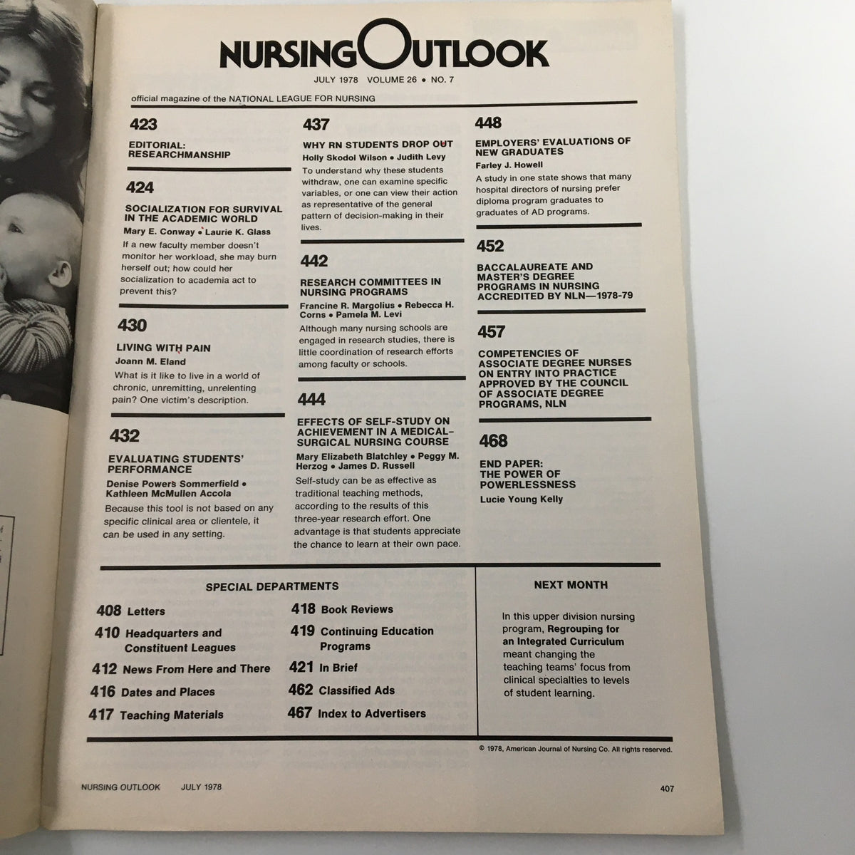 Inside page of the Nursing Outlook Magazine from July 1978, displaying the table of contents with various articles including 'Socialization for Survival in the Academic World' and research topics.