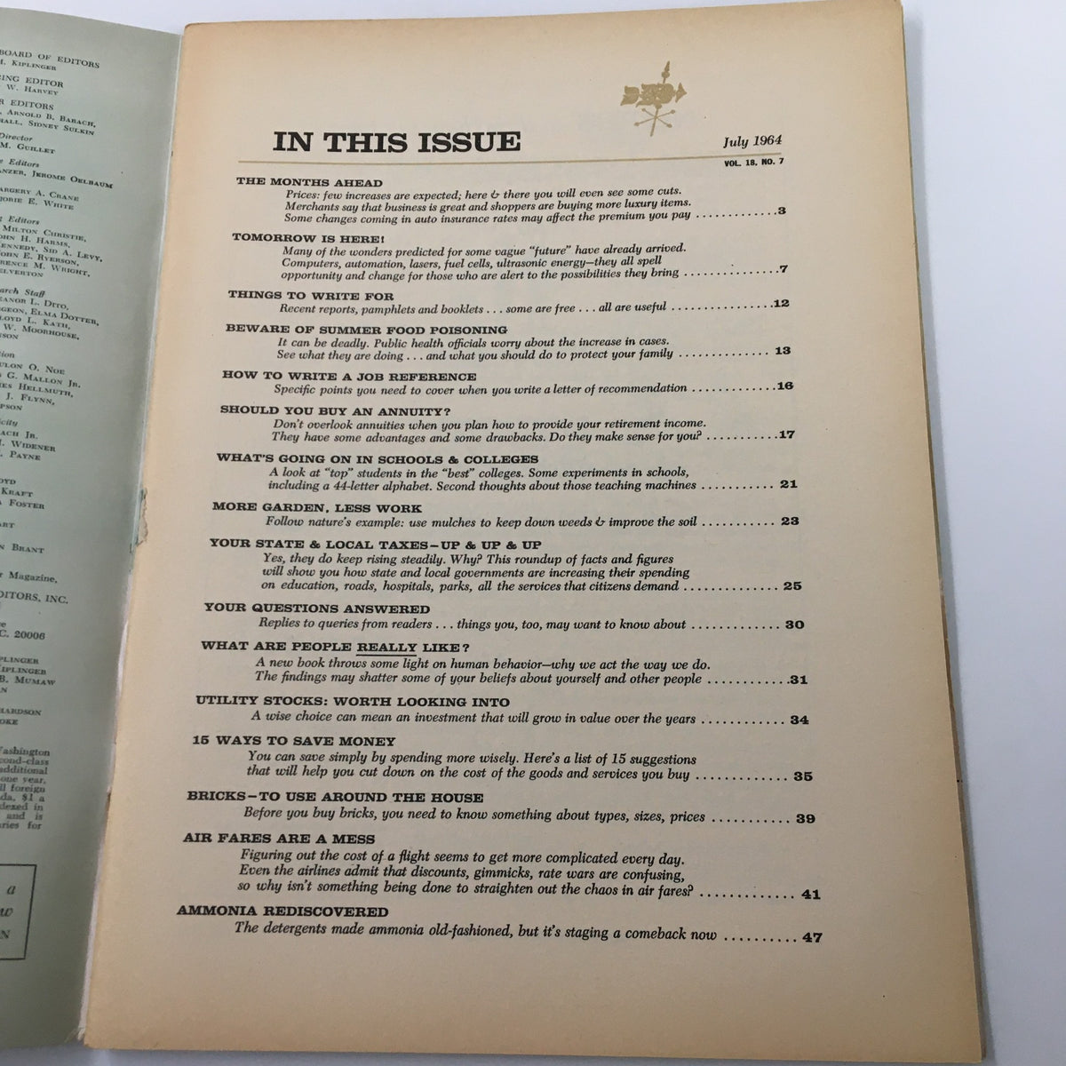 Interior page of VTG Changing Times Magazine July 1964 showcasing the table of contents with articles including a special report on air fares.