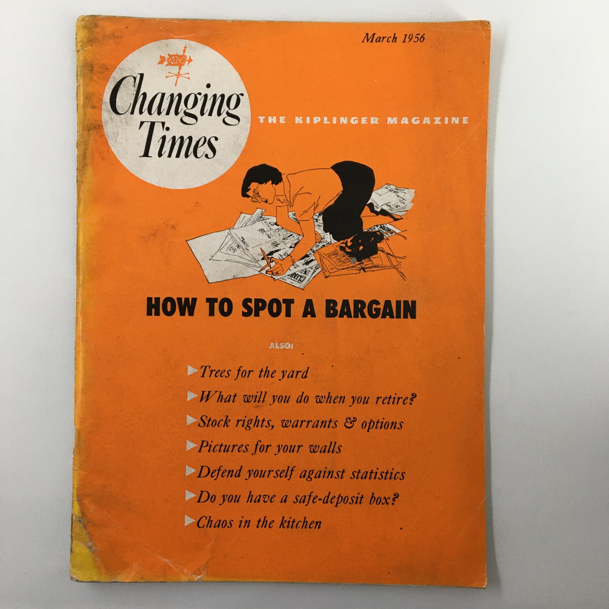 Cover of VTG Changing Times Magazine March 1956 featuring the title 'How to Spot a Bargain' along with illustrations and additional topics such as stocks, rights, and options.