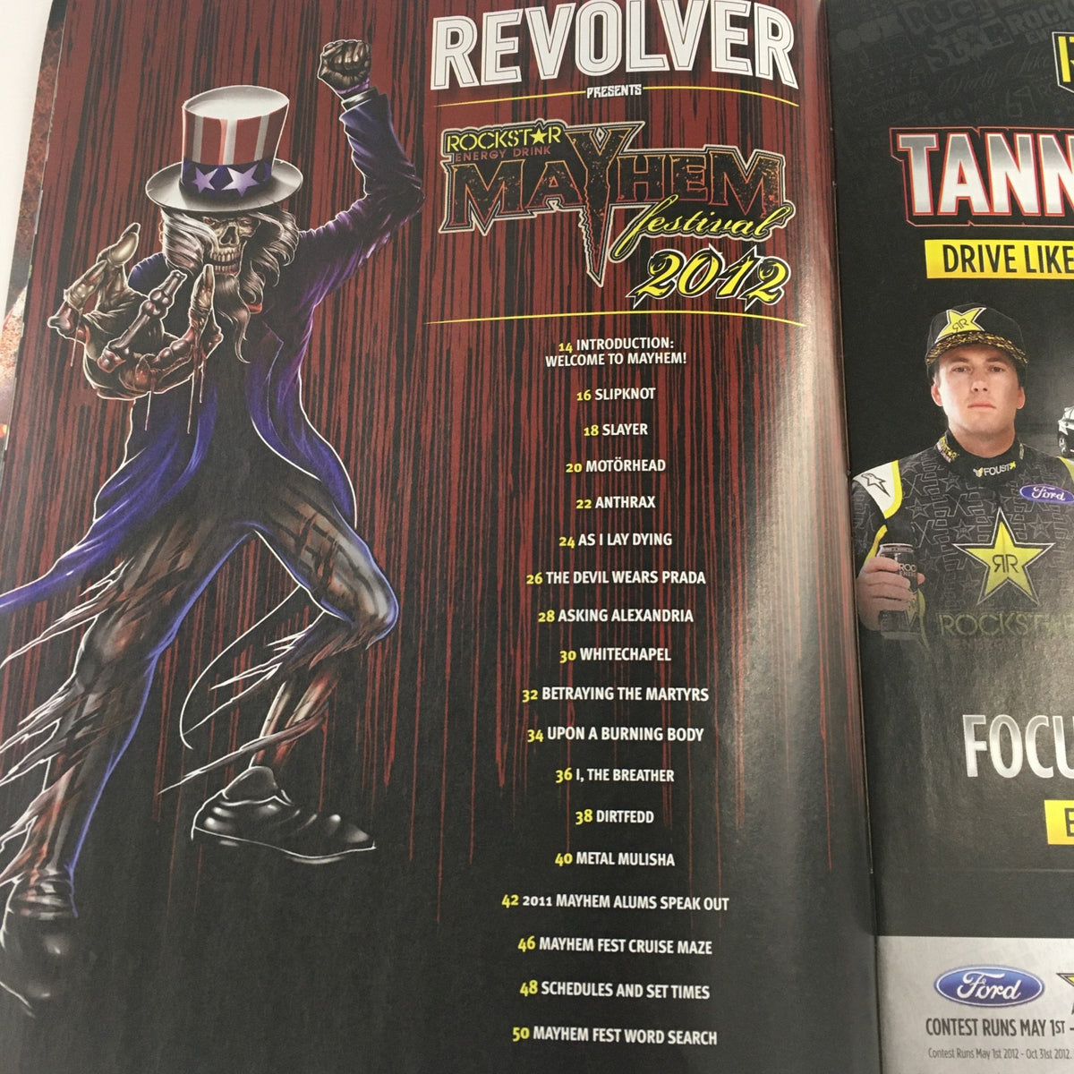 Interior page of Revolver Presents 2012 Mayhem Festival Official Tour Program showcasing the lineup and details, including bands like As I Lay Dying, The Devil Wears Prada, and more.