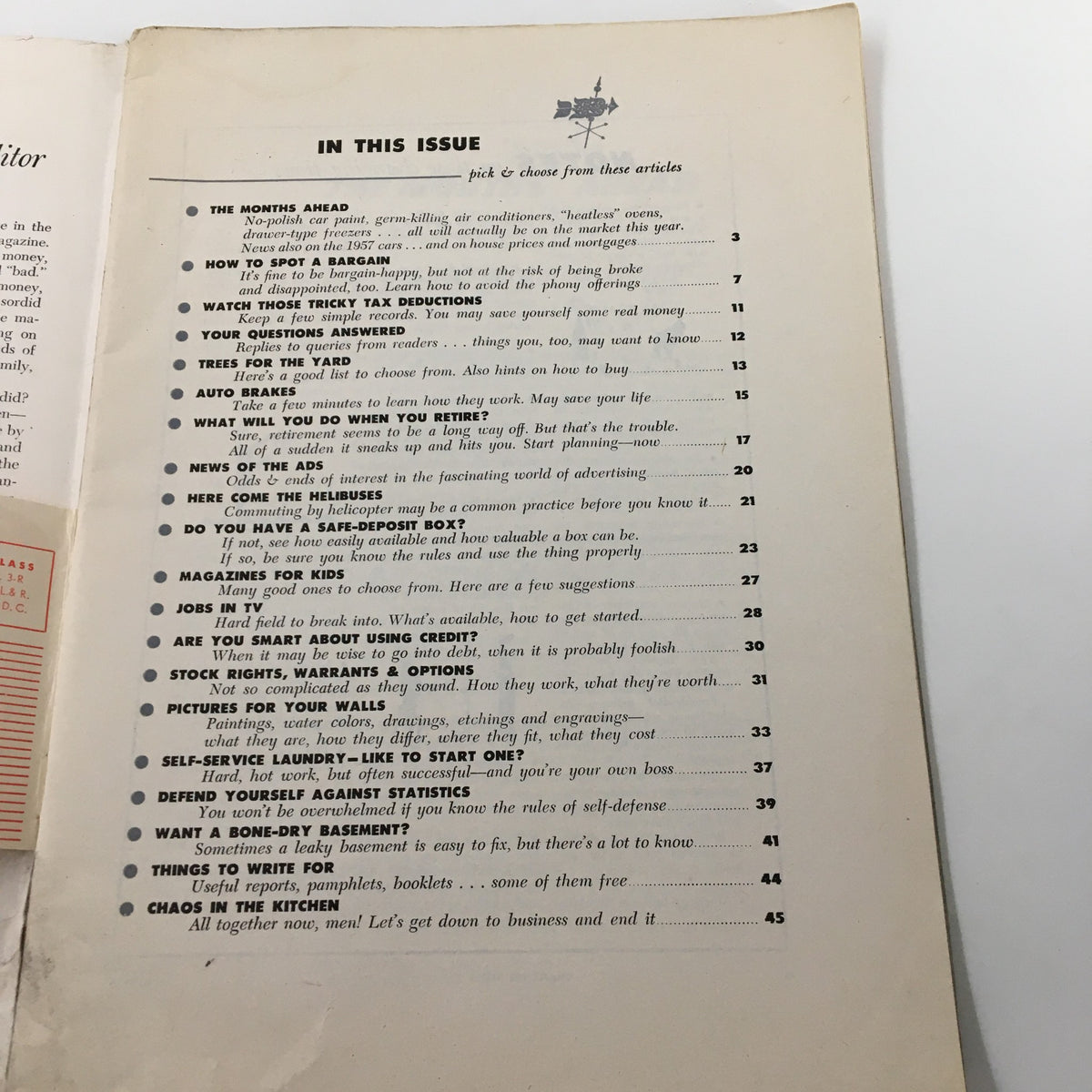 Table of contents page from VTG Changing Times Magazine March 1956 showcasing articles such as 'Stock Rights, Warrants & Options' and 'Defend Yourself Against Statistics'.