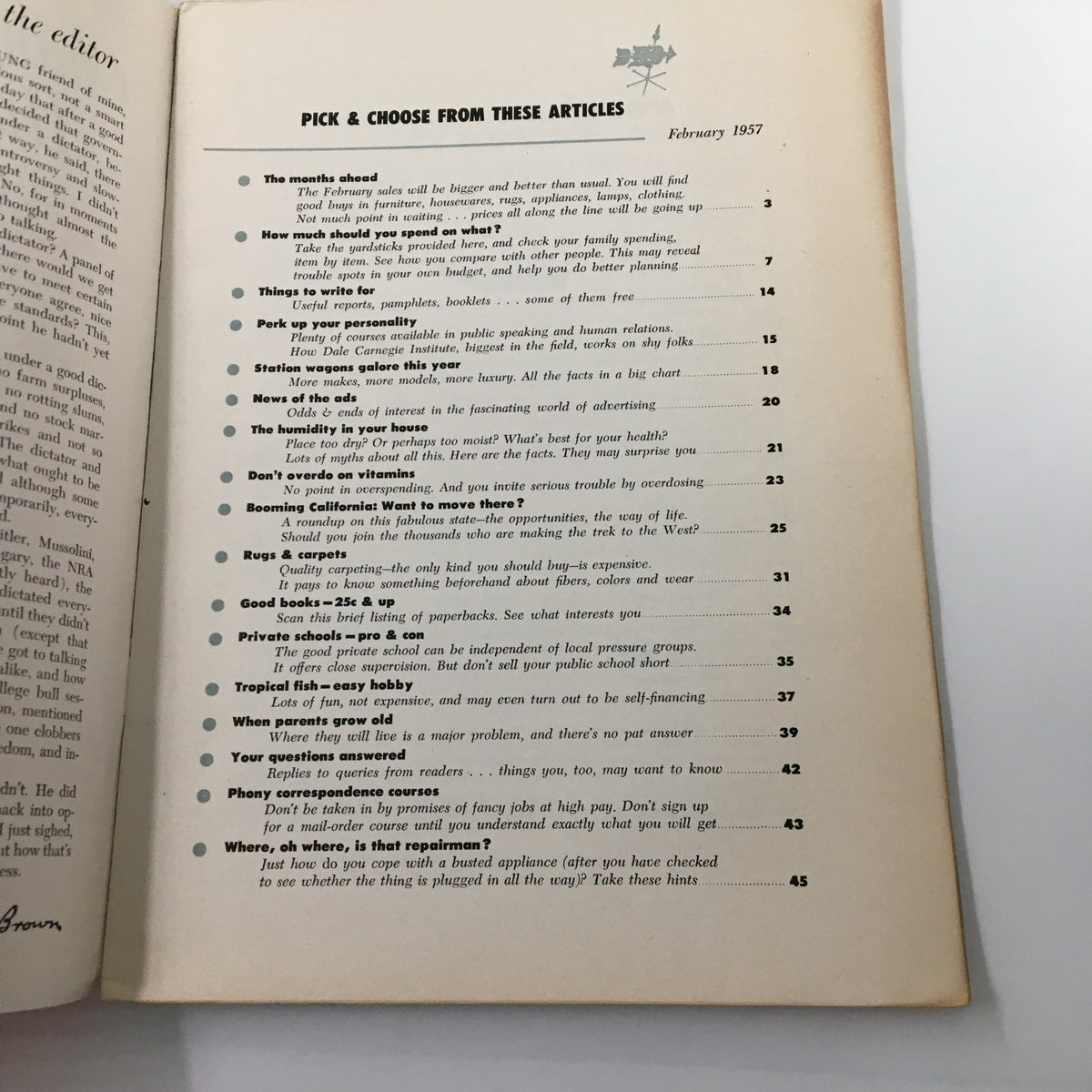 Table of contents page from VTG Changing Times Magazine February 1957, outlining featured articles including 'Station Wagons Galore This Year' and various lifestyle topics.