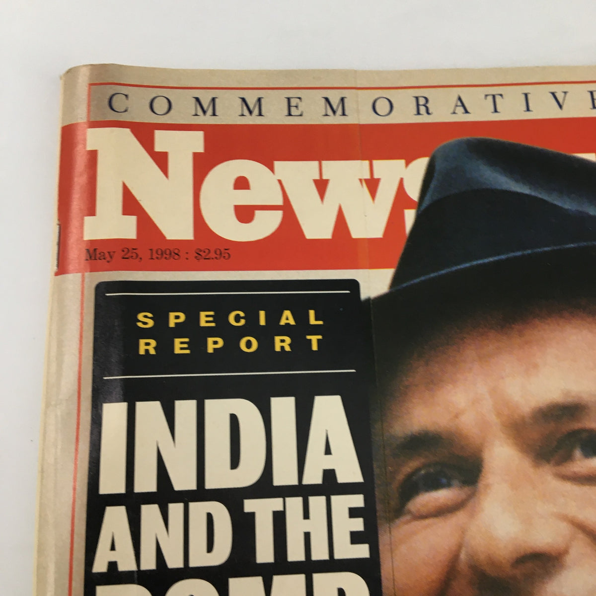 Close-up view of the May 25, 1998, Newsweek Magazine cover, highlighting the headline 'India and the Bomb' along with a tribute to Frank Sinatra.