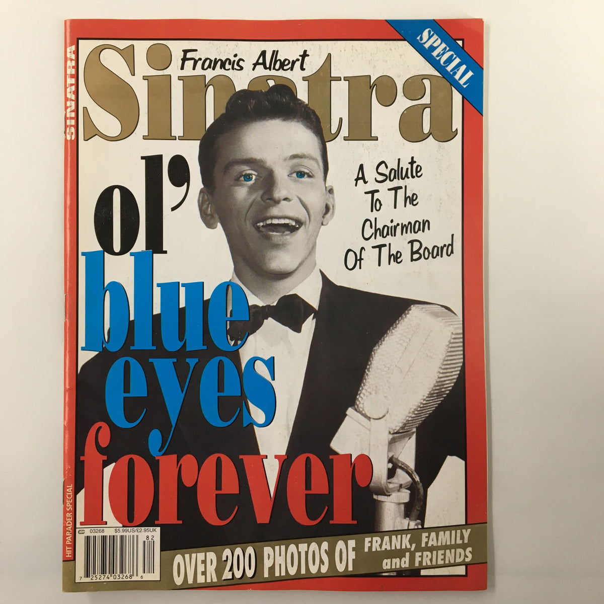 Cover of Hit Parader Magazine 1998: A Tribute To Frank Sinatra featuring a young Frank Sinatra in a tuxedo with microphone, emblazoned with 'ol' blue eyes forever' and 'A Salute To The Chairman Of The Board.'