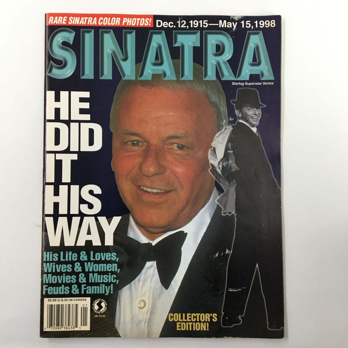 Cover of the Starlog Superstar Magazine from 1998 featuring Frank Sinatra, titled 'He Did It His Way,' showcasing rare Sinatra color photos and information about his life, loves, and career.
