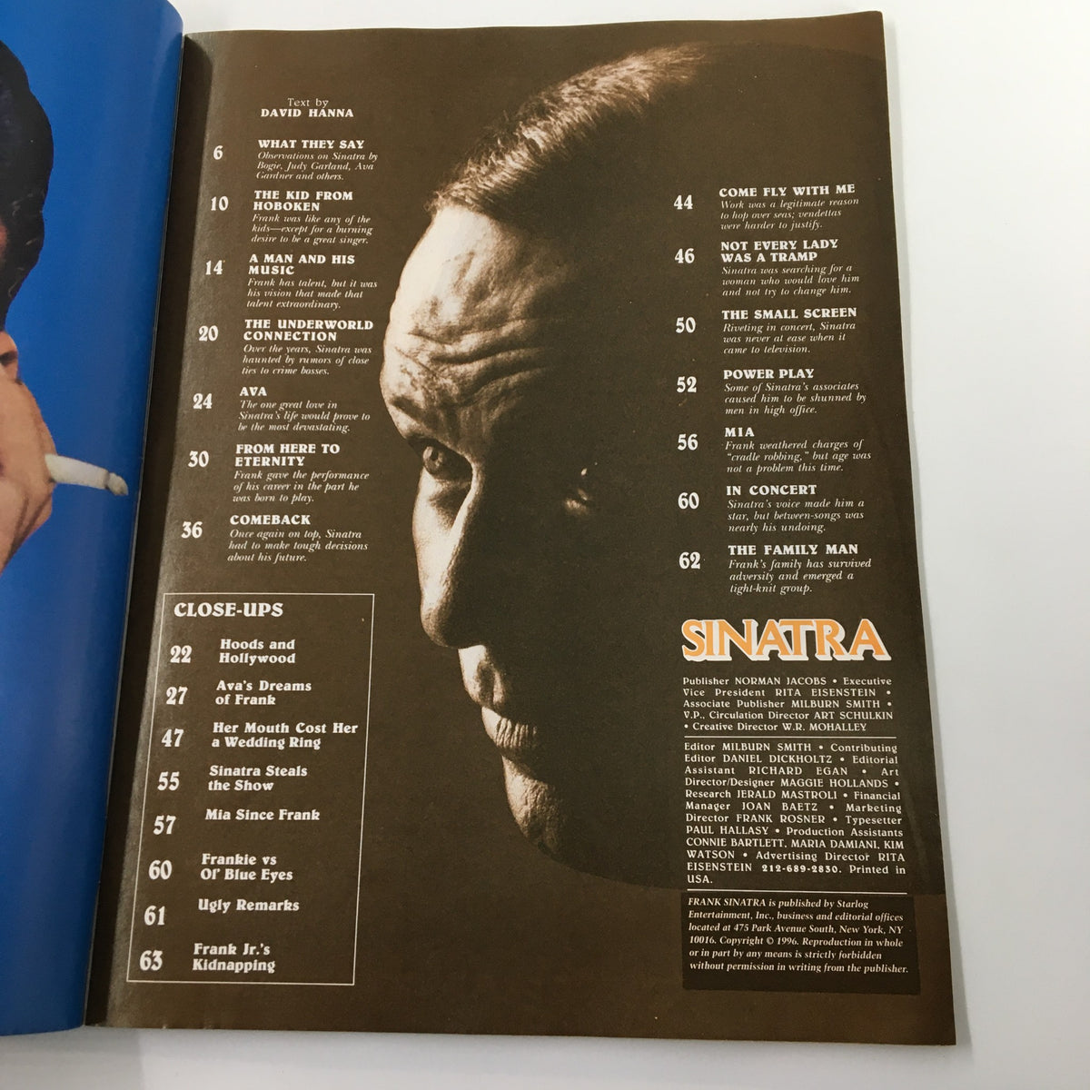 A page from the Starlog Superstar Magazine 1998 featuring an article about Frank Sinatra, showcasing text and a portrait-style image of Sinatra. The layout includes sections titled 'Come Fly With Me' and 'The Family Man', highlighting various aspects of Sinatra's career.