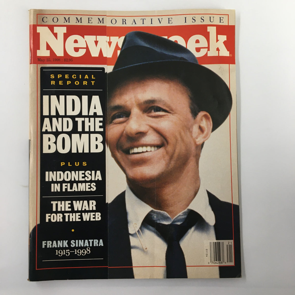 Cover of Newsweek Magazine May 25, 1998 featuring Frank Sinatra with the headline 'India and the Bomb' along with additional topics including 'Indonesia in Flames' and 'The War for the Web'. This edition is a commemorative issue highlighting significant issues of the late 90s.