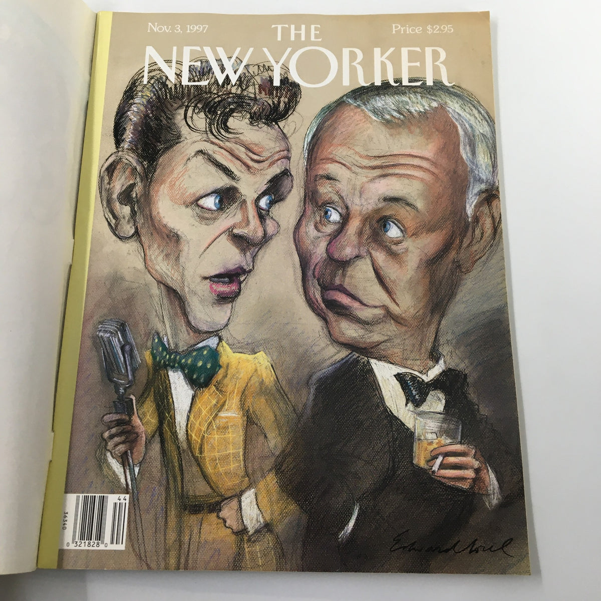 The New Yorker Full Magazine Cover from November 3, 1997, illustrating a detailed caricature of Frank Sinatra and another character, designed by Edward Sorel, highlighting themes of music and American culture.