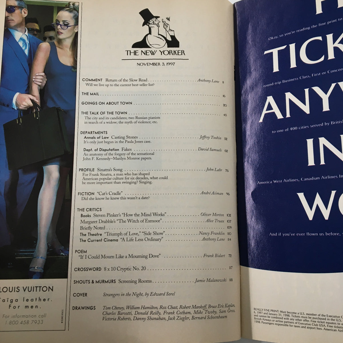 Table of contents from The New Yorker magazine, November 3, 1997, showcasing articles, profiles, and features including Frank Sinatra by Edward Sorel.