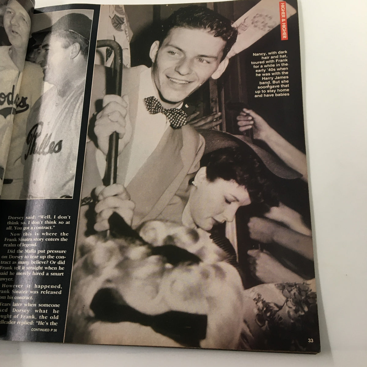 A vintage photo from the Luxury Lifestyles Magazine 1998 featuring Frank Sinatra in a bowtie, smiling on a bus, showcasing nostalgic moments from his early career.