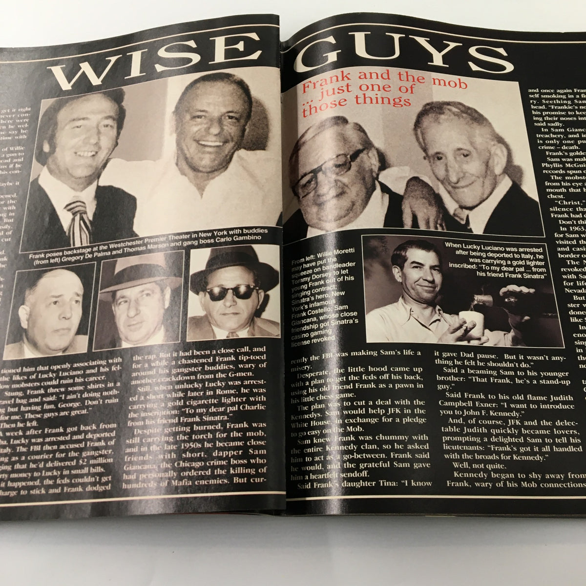 An intriguing double-page spread from Luxury Lifestyles Magazine 1998, displaying images and discussions about Frank Sinatra's ties with prominent mob figures.