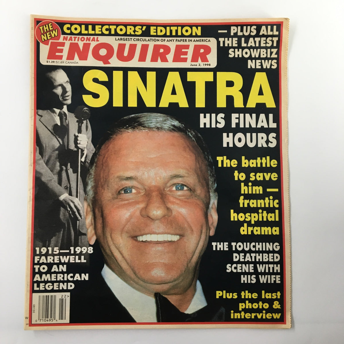 Cover of National Enquirer Magazine June 2 1998 featuring Frank Sinatra, with the headline 'His Final Hours.' The magazine discusses Sinatra's last days, touching moments with his wife, and includes details about the efforts to save him.